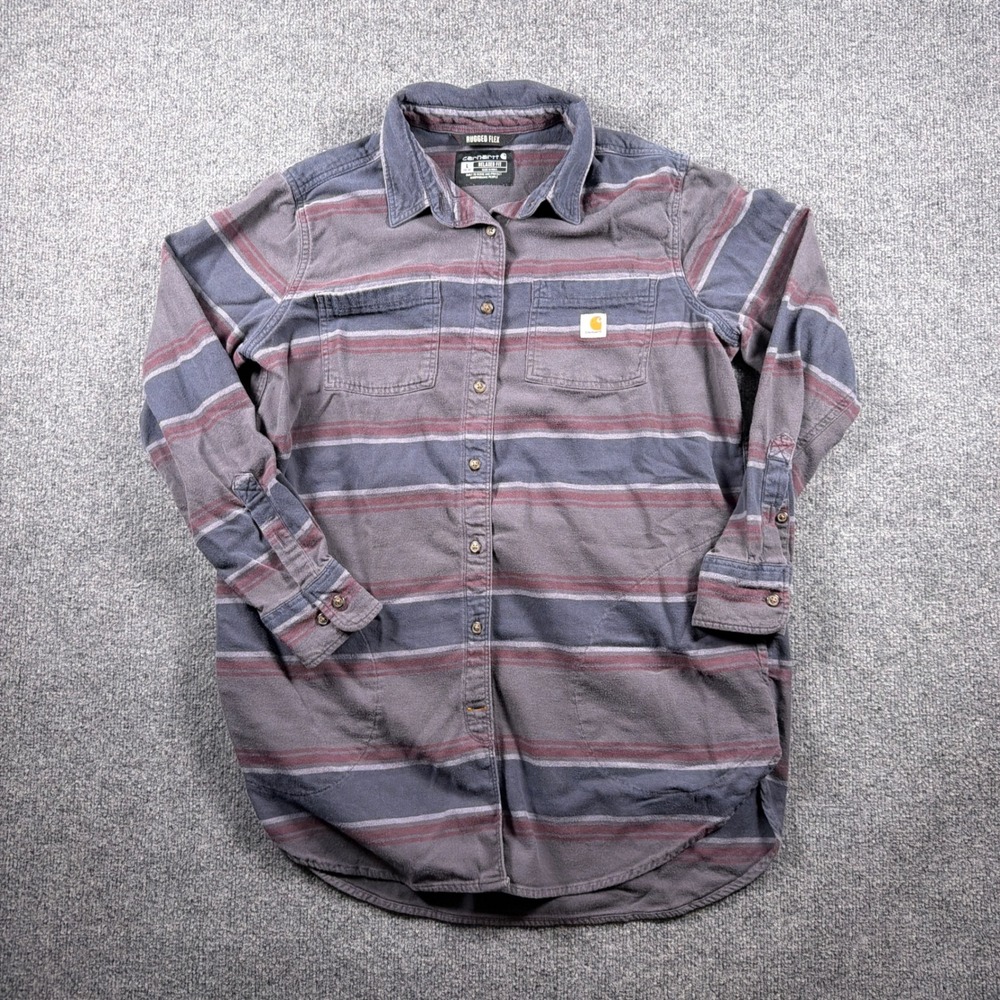 Carhartt Rugged Flex Flannel Shirt Womens Large Gray Striped Relaxed Fit